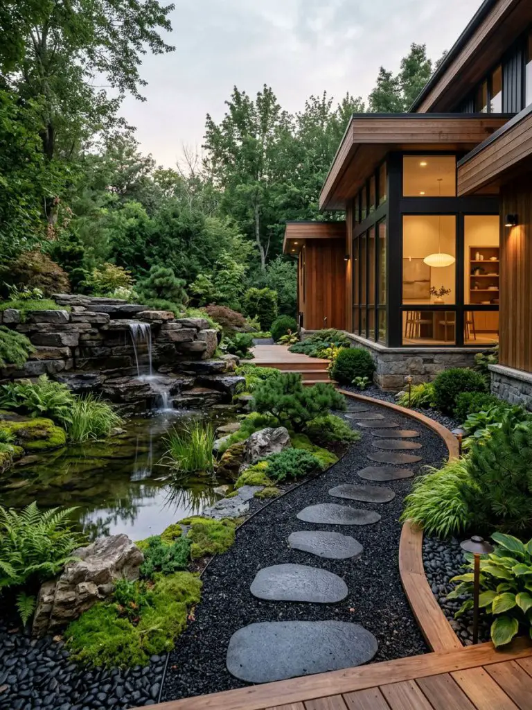 A modern Japanese-inspired small rockery garden integrated beside a contemporary home with black gravel pathways, sculptural boulders, and a.