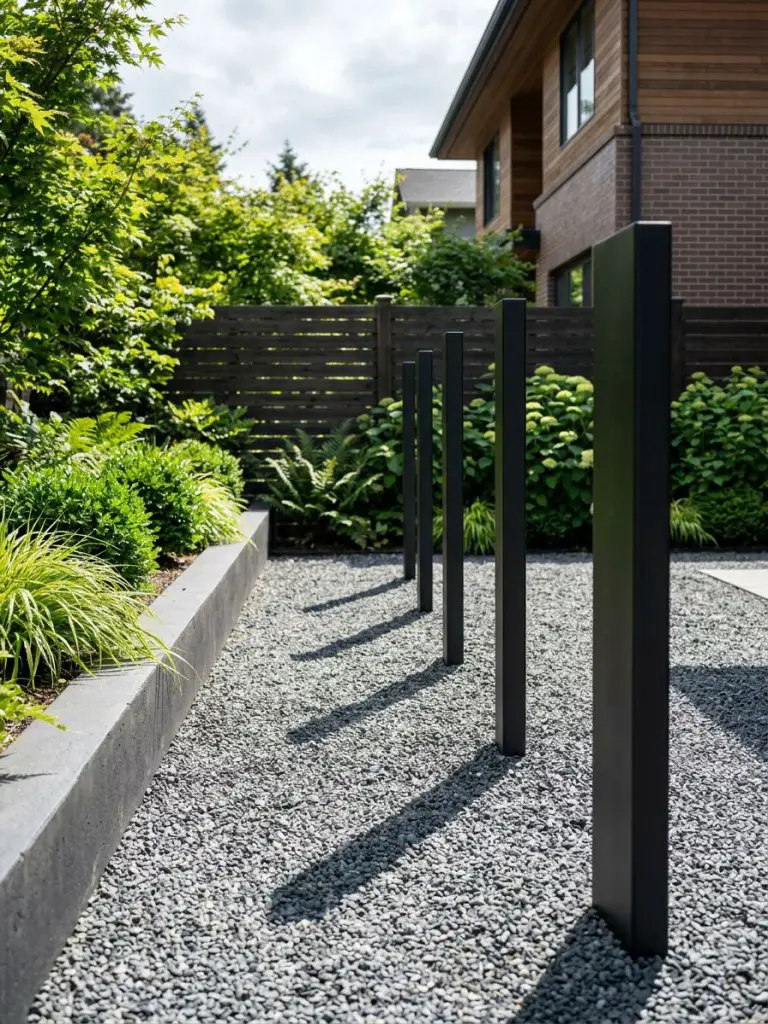 A small backyard in the United States featuring modern vertical bollard light columns integrated into a gravel garden, captured during a bri.