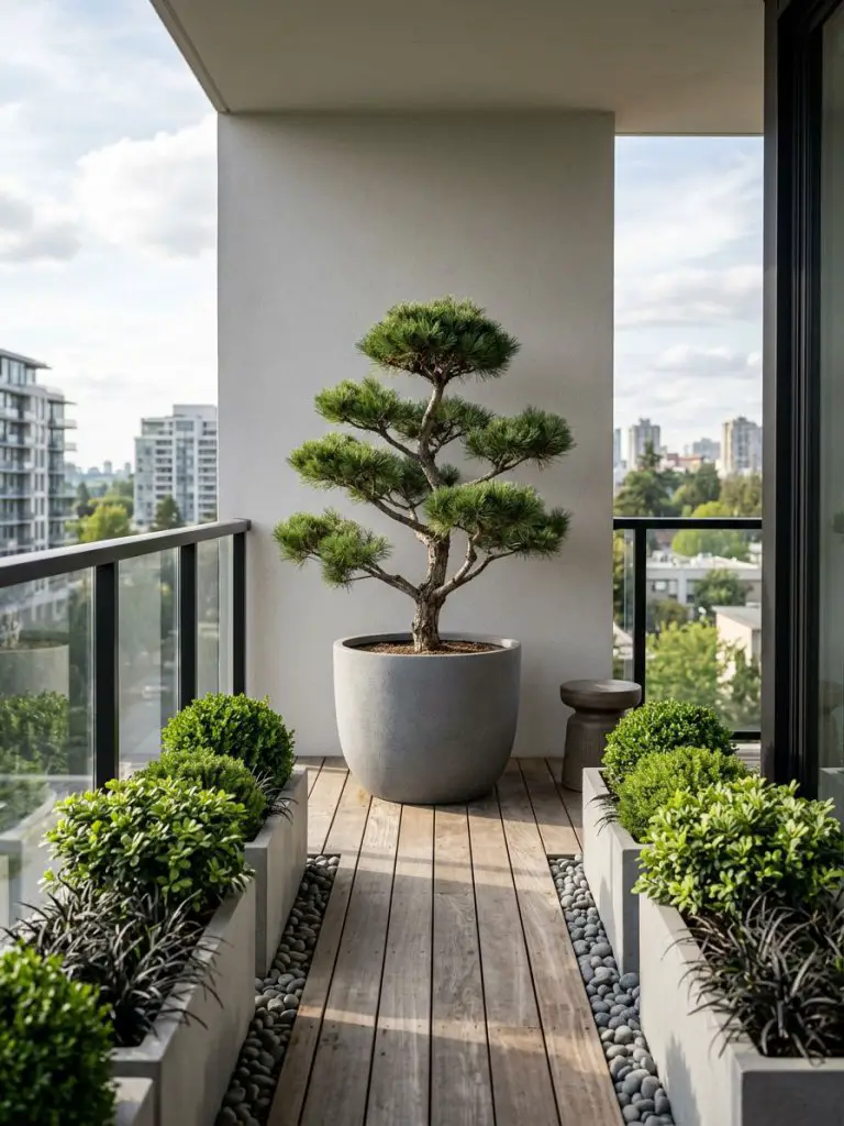 A modern minimalist balcony garden featuring structured greenery and clean design.