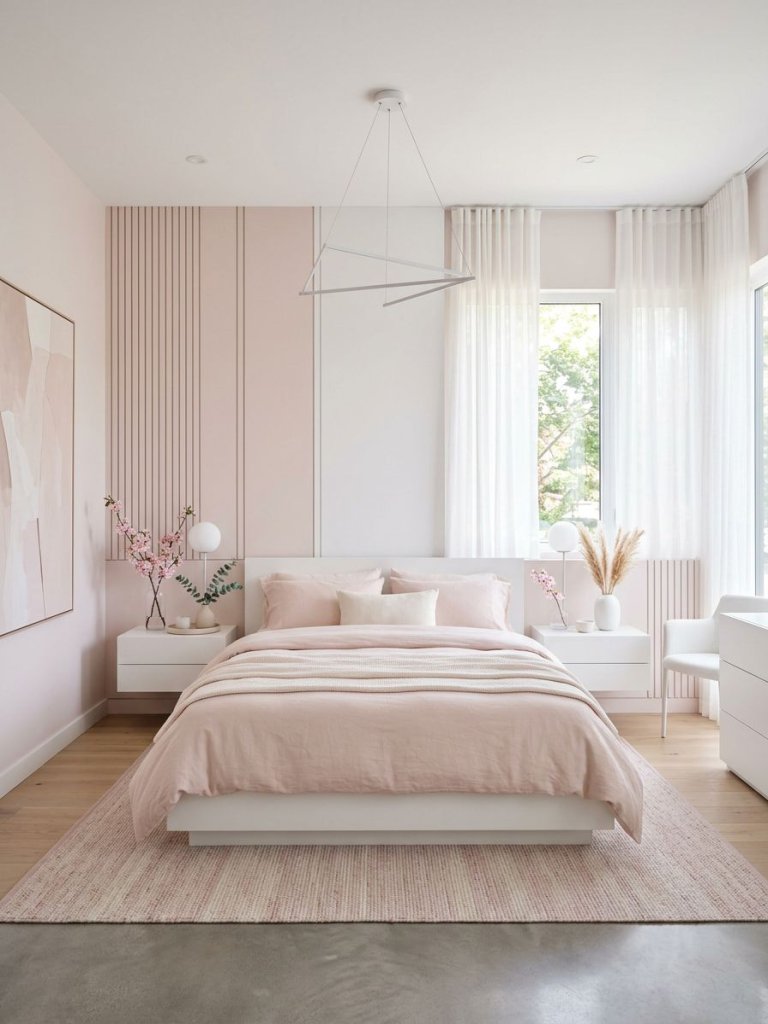 A modern pink and white bedroom designed in a sleek minimalist style with clean architectural wall panels, a low-profile white platform bed.