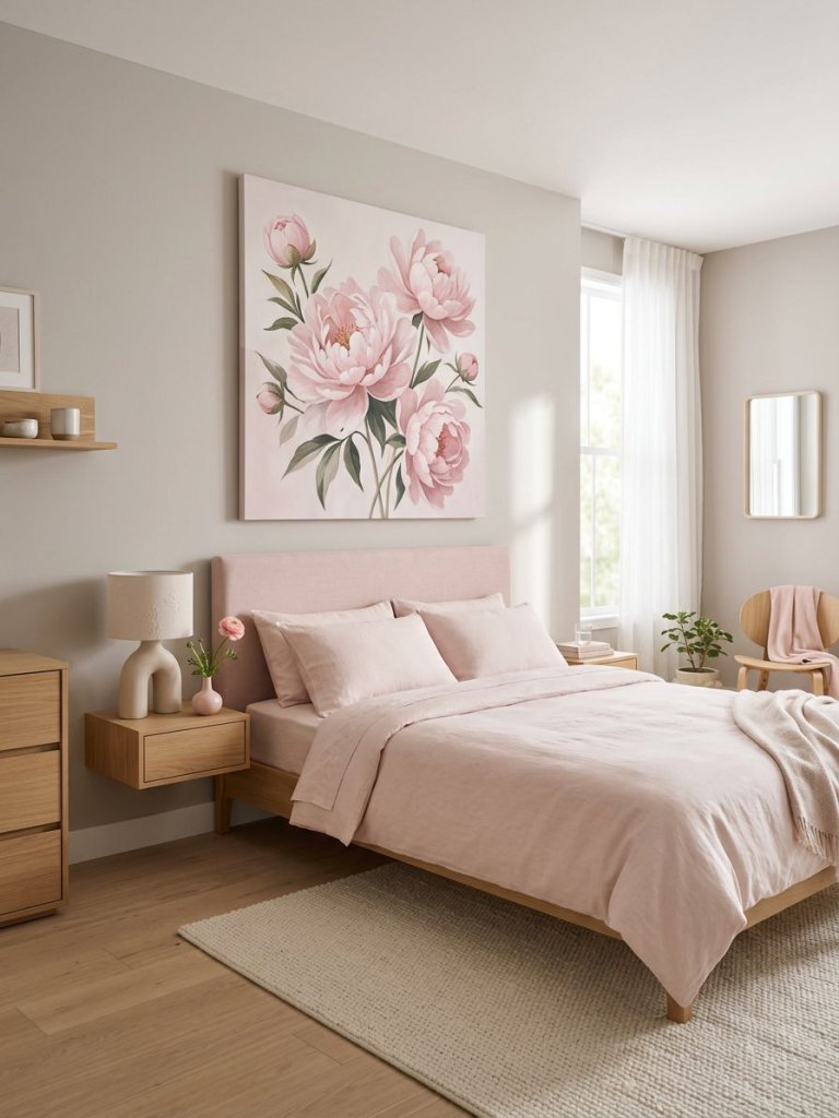 A modern minimalist pink bedroom featuring subtle floral accents within a clean and calming interior design.
