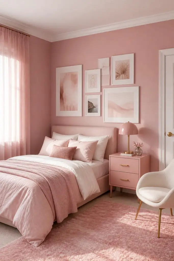 An elegant modern bedroom finished in layers of soft pinks creates a serene retreat, with walls, bedding, and furniture all in harmonious bl.