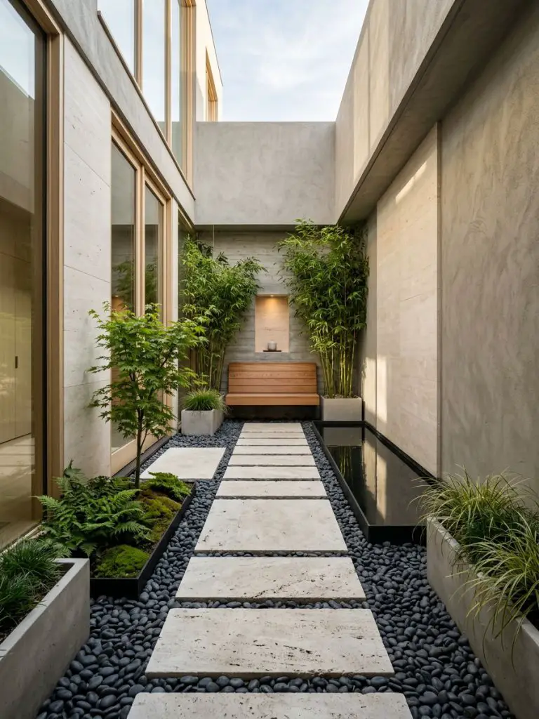 Create a narrow urban meditation courtyard designed with sleek Warm Minimalist and Japandi aesthetics inside a modern city home.