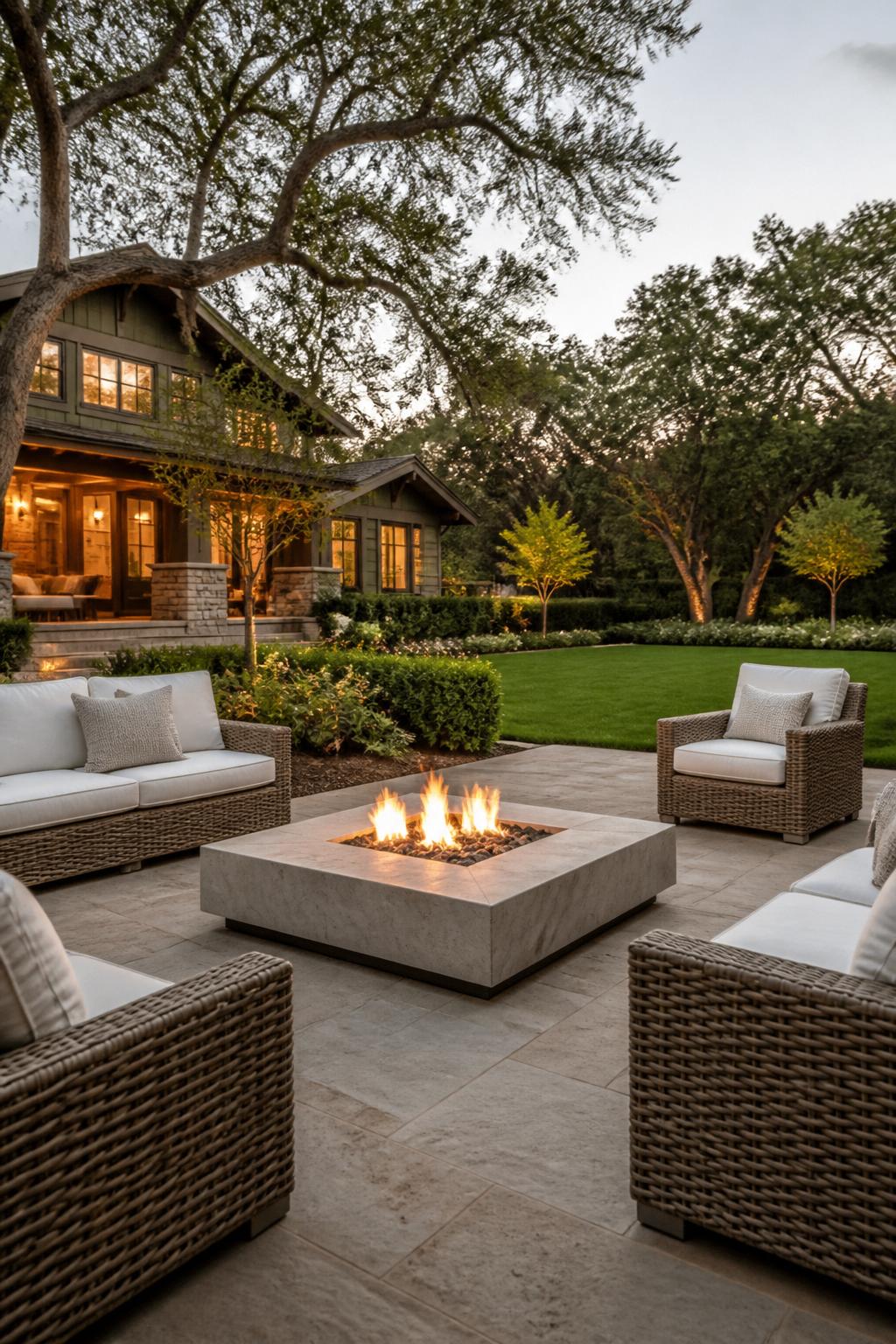 A spacious, modern patio with a minimalist square fire pit set atop neutral pavers, bordered by manicured grass and mature landscaping.