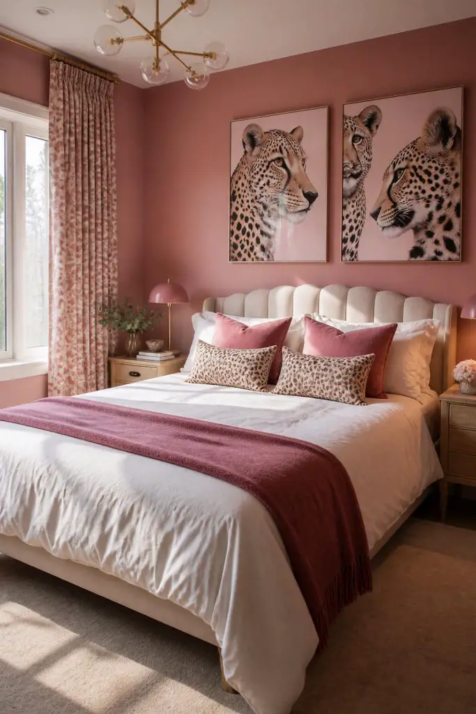 A contemporary pink bedroom stands out with its oversized cheetah duo art above the bed, lending a touch of wild inspiration and modern desi.