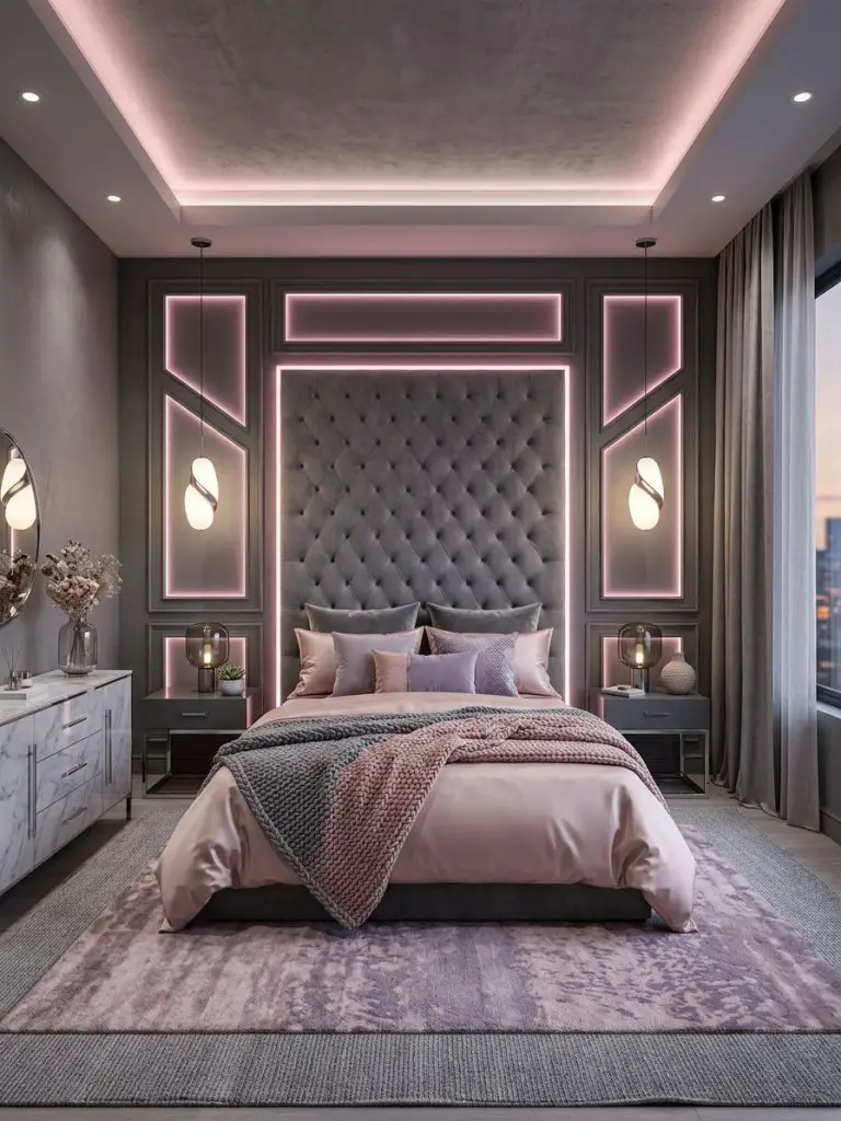 A sleek modern pink and grey bedroom with contemporary architectural detailing and soft neon LED ceiling lighting.
