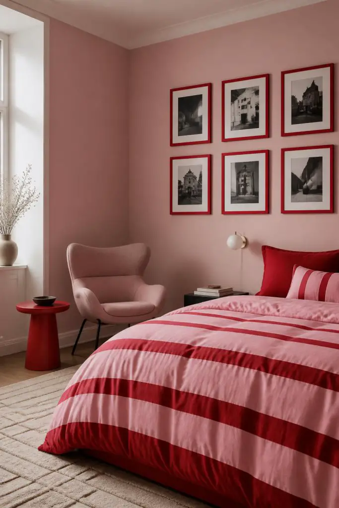 Style a modern bedroom with chalky pink walls, highlighting contemporary artistry through a geometric arrangement of black-and-white framed.