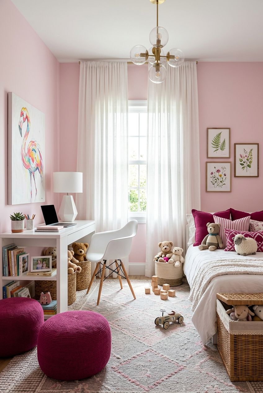 A bright and playful pink bedroom featuring soft pastel walls, a practical white study desk with open shelving, and a modern molded chair.