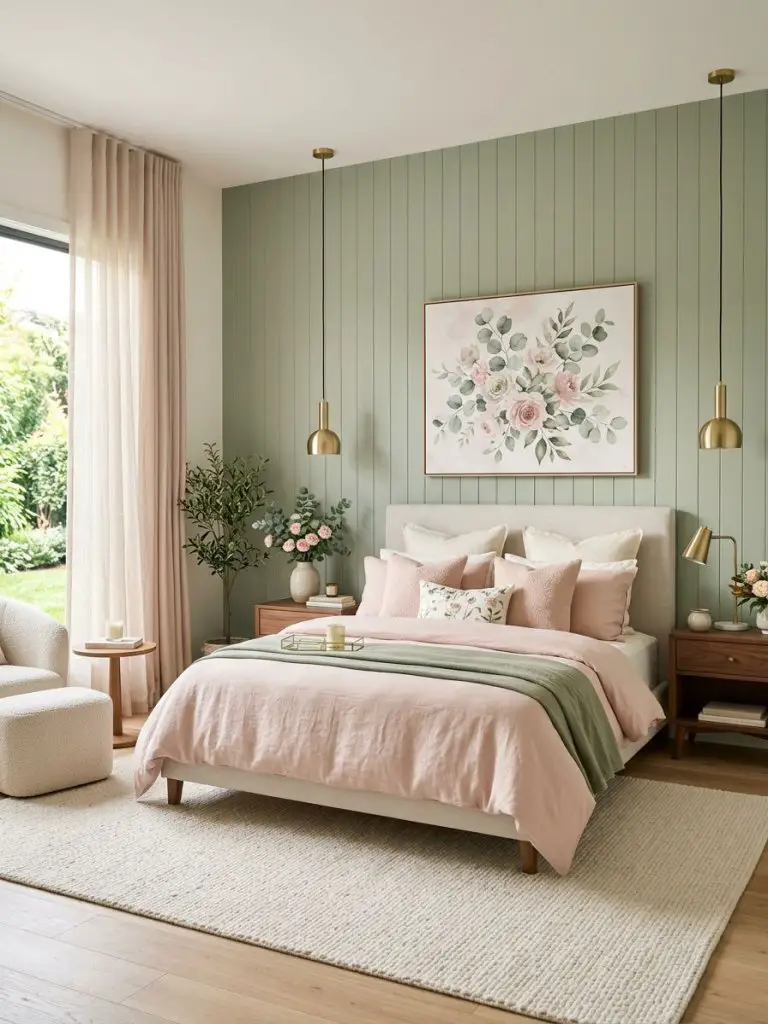 A modern romantic pink and green bedroom blending contemporary elegance with soft floral accents.