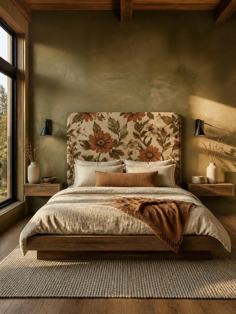 A warm modern rustic bedroom centered around a bold floral headboard featuring earthy botanical prints in terracotta, warm taupe, olive gree.