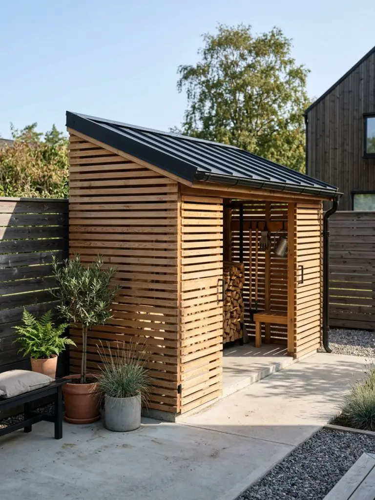 A sleek modern lean-to shed in a small backyard, designed with horizontal cedar slats and a matte black metal roof, inspired by Scandinavian.