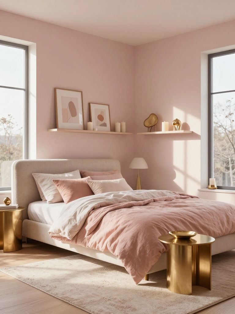 A modern blush pink bedroom styled with Scandinavian glam influences, soft textures, and sculptural gold decor accents throughout the airy i.