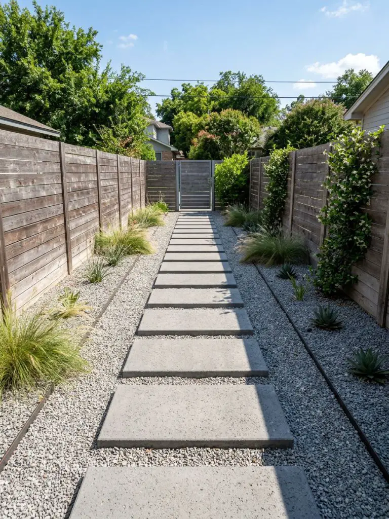 A narrow small backyard in the United States designed with a modern stepping stone runway through a gravel garden under bright sunny dayligh.