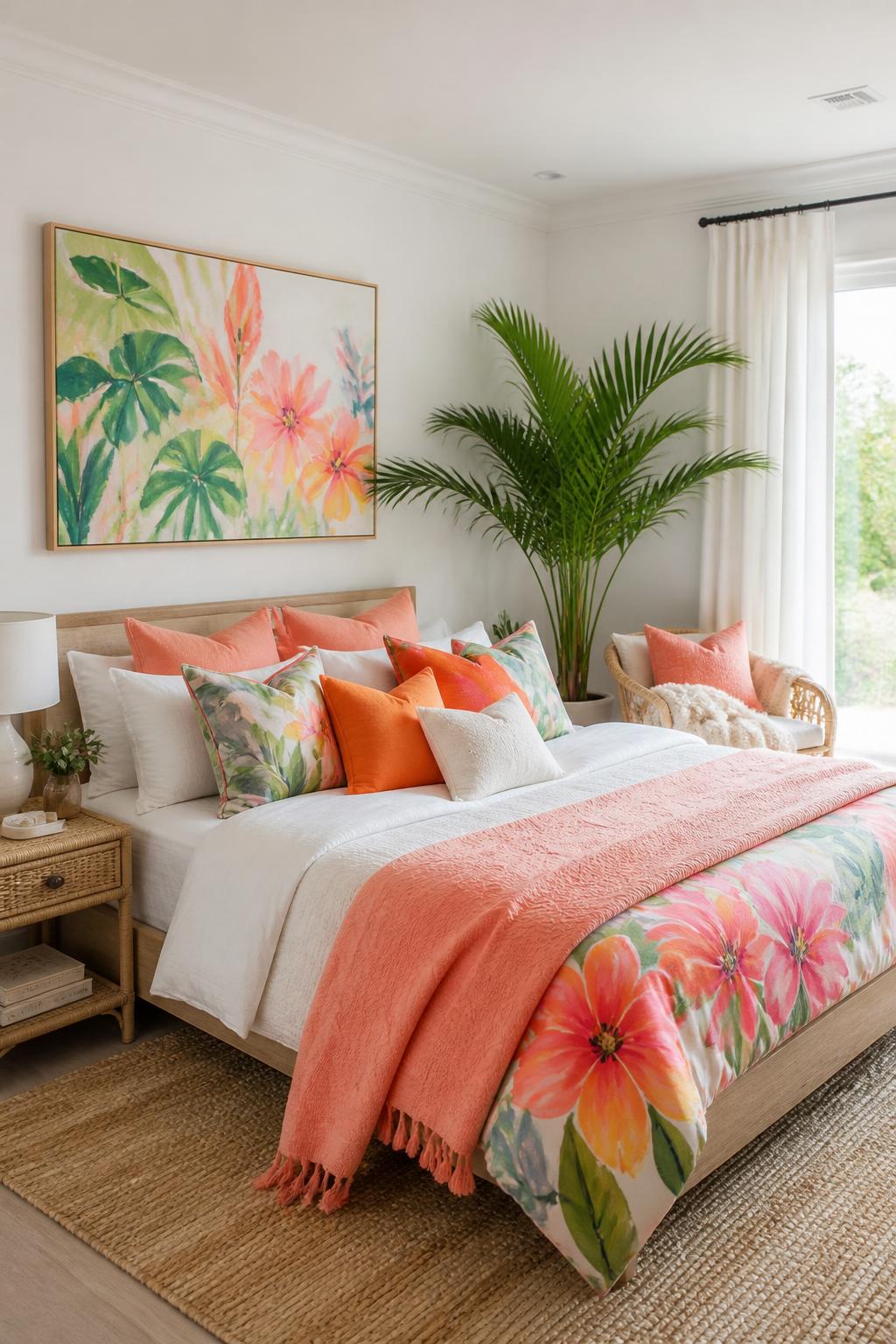 A breezy, bright bedroom with a contemporary twist features white walls and a plush, low-profile platform bed topped with vivid orange, pink.