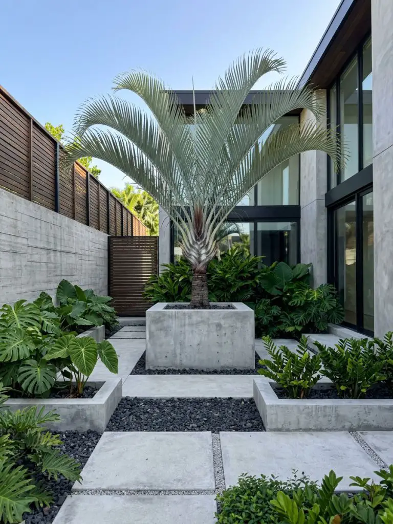 A modern tropical garden designed with minimalist structure and bold plant choices.