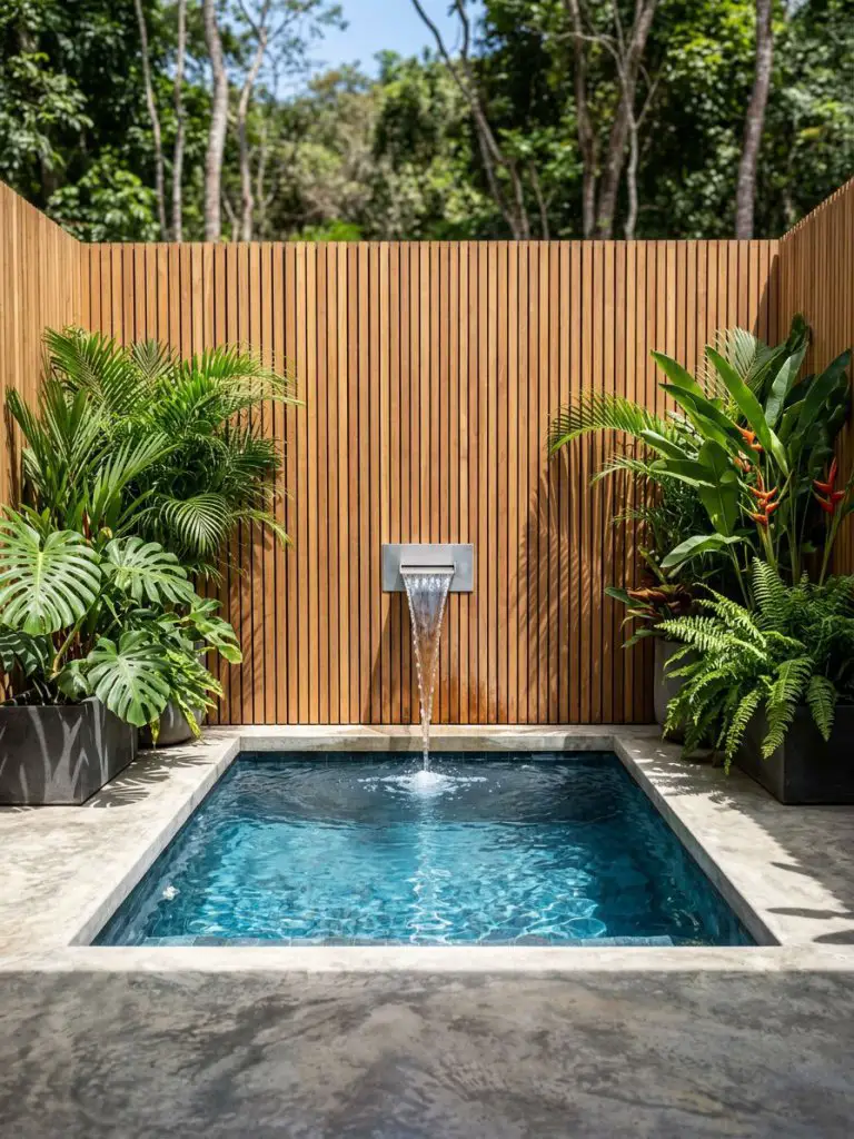 A modern tropical plunge pool with minimalist jungle styling.