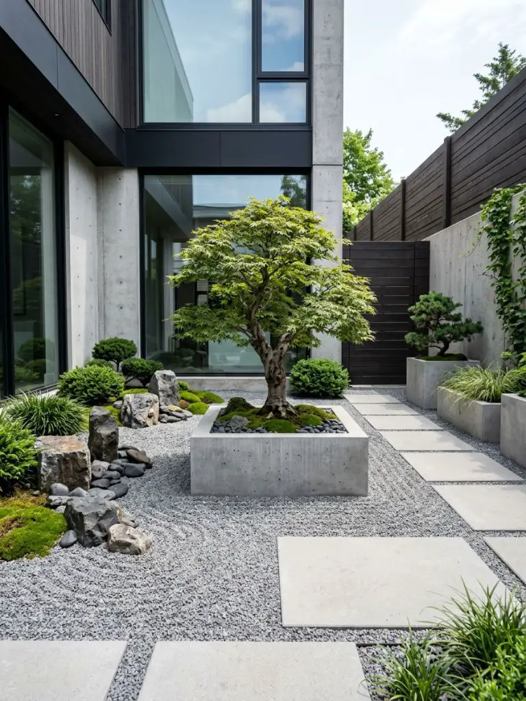 A modern Zen garden in a small backyard featuring clean concrete planters and sculptural stone placement.