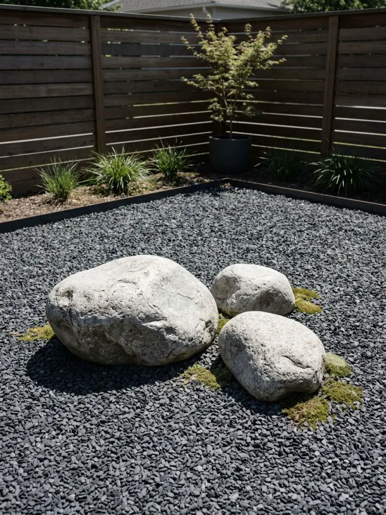 A small backyard garden in the United States styled in a modern minimalist Zen-inspired gravel layout under bright sunny daylight.