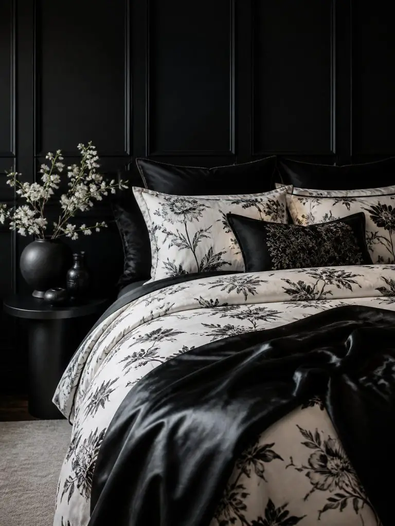 A sophisticated monochrome black floral bedroom with modern gothic styling and timeless elegance.