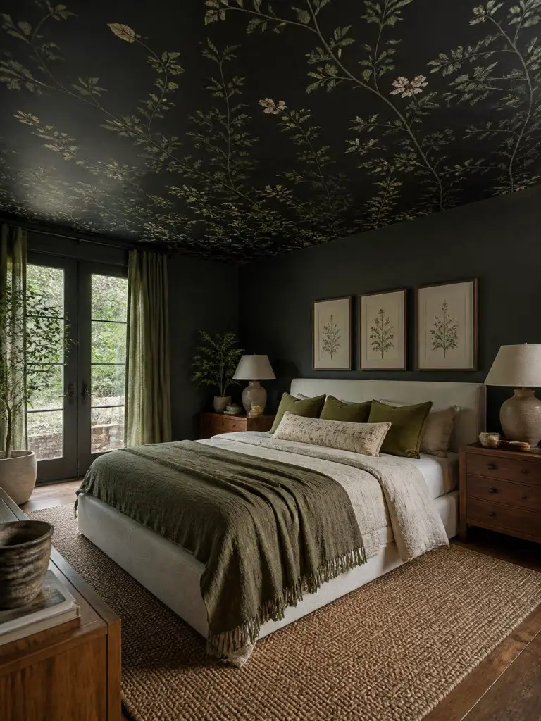 A moody botanical bedroom with a dramatic black floral ceiling covered in delicate green vines and tiny wildflower branches spreading organi.