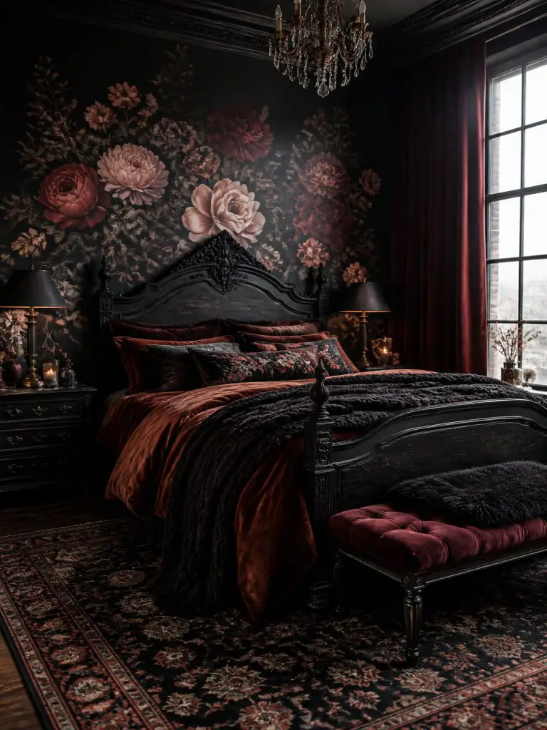 A dramatic black floral bedroom with gothic romantic styling and rich vintage influences.