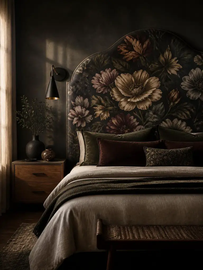 A moody botanical bedroom designed with a dramatic floral headboard featuring oversized floral patterns in charcoal, deep olive, muted plum.