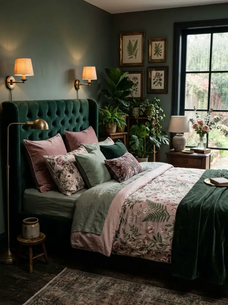 A moody botanical pink and green bedroom with dramatic romantic styling and rich vintage influences.