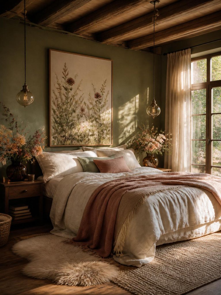 A moody cottagecore boho floral bedroom with earthy green walls, exposed rustic wood beams, and soft floral accents glowing in warm afternoo.