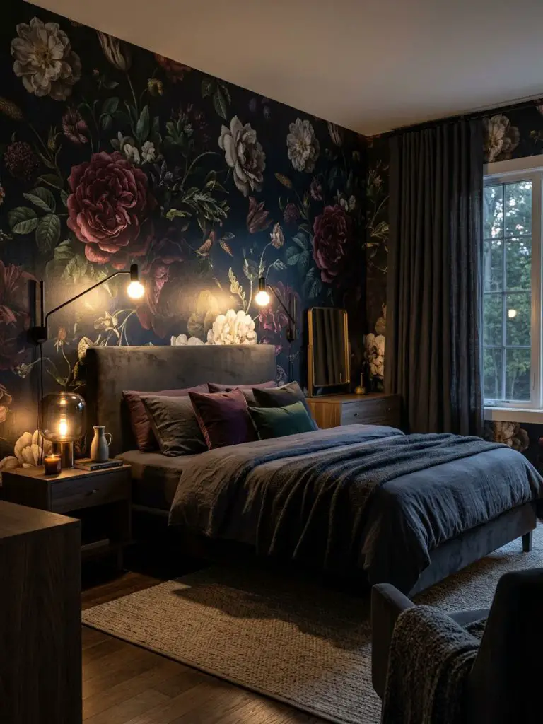 A sophisticated moody floral wallpaper bedroom designed with a cozy luxe atmosphere featuring dramatic botanical wallpaper with deep black a.