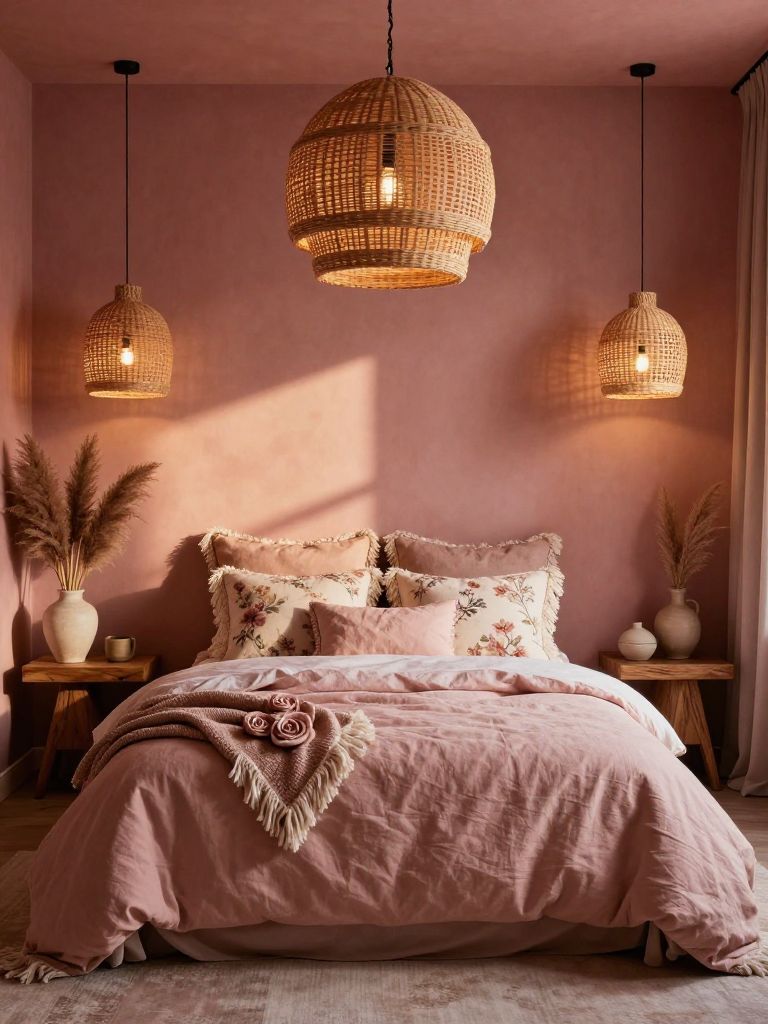 An earthy pink bedroom with a moody bohemian aesthetic featuring warm terracotta-pink walls, floral bedding, and oversized woven rattan pend.