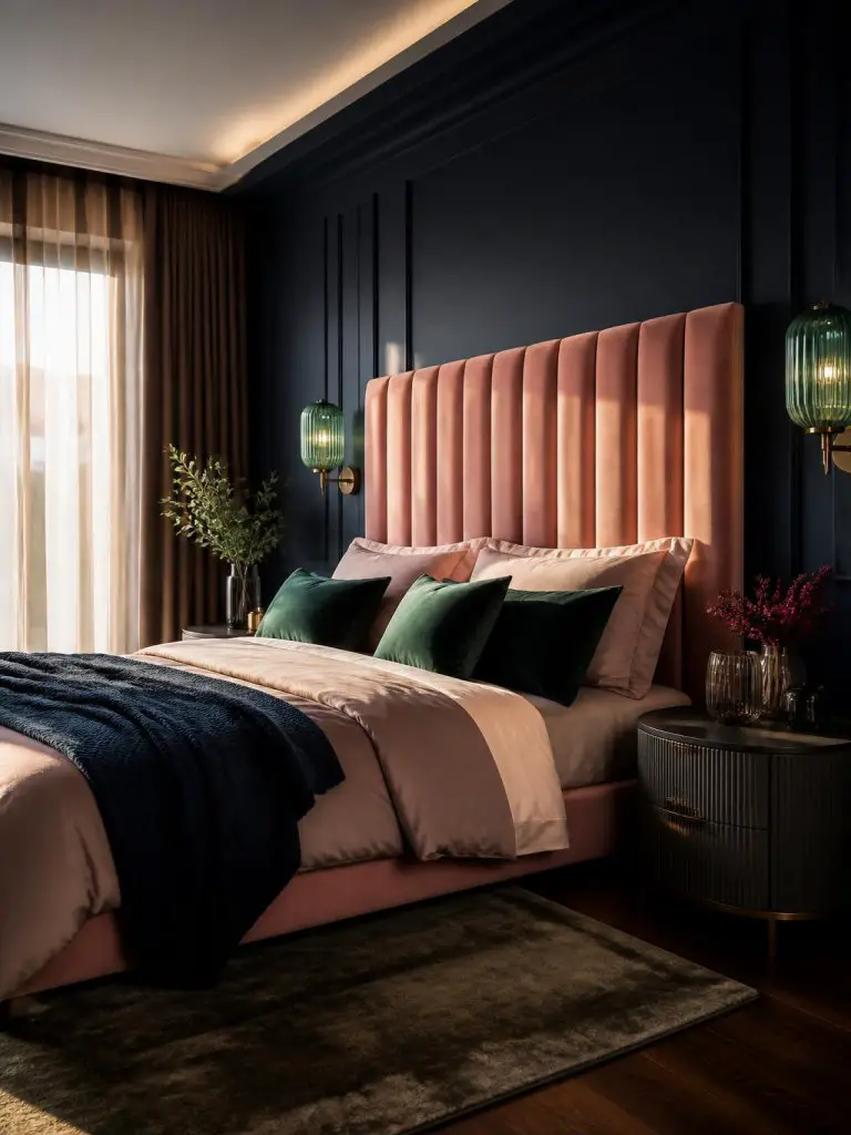 A dramatic modern bedroom combining emerald green velvet textures with dusty pink upholstery and deep midnight blue architectural accents in.