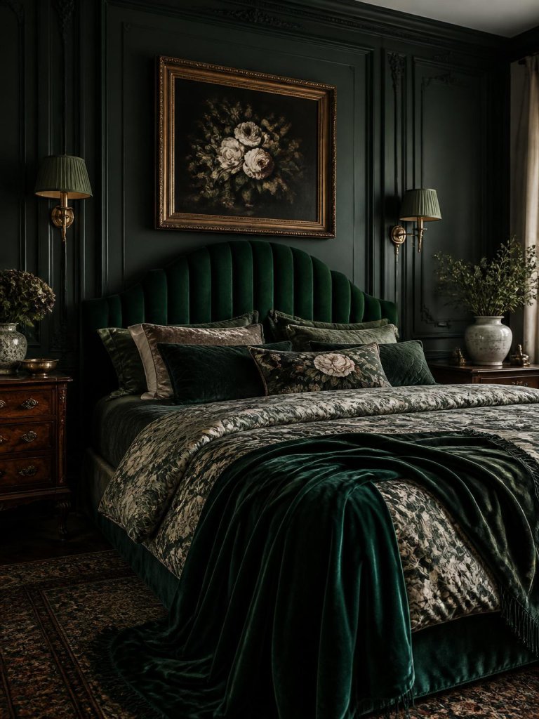 A moody emerald green floral bedroom designed in a vintage luxe and modern classic style with deep forest green paneled walls, velvet uphols.