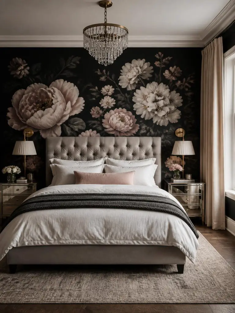 A dramatic modern floral bedroom featuring a large-scale black botanical wallpaper mural with oversized blush peonies and ivory florals posi.