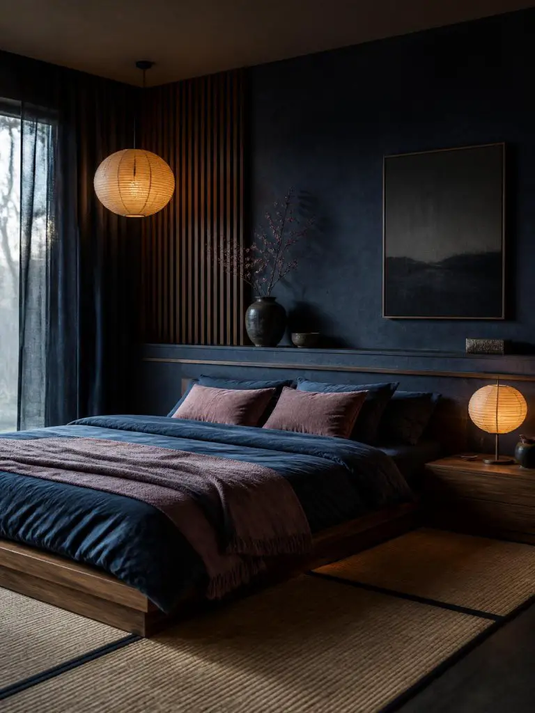 A moody Japandi bedroom featuring deep navy blue wall treatments combined with muted pink bedding and natural wood textures for a calm balan.
