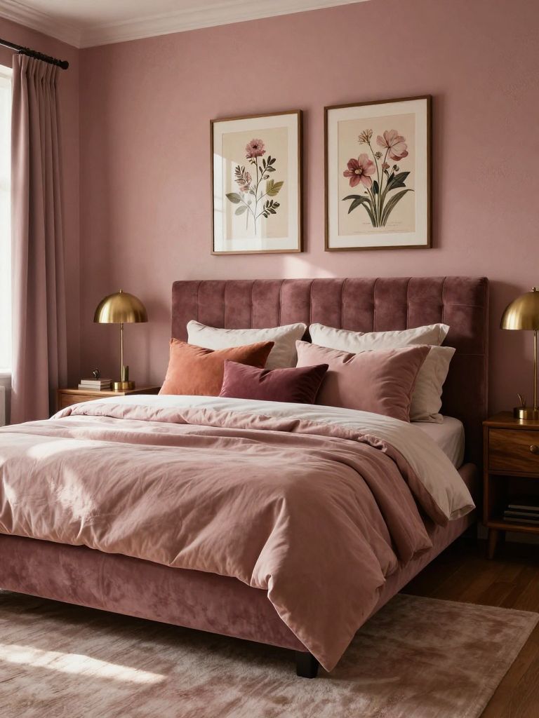 A moody dusty pink bedroom blending modern romantic and boutique hotel aesthetics, showcasing a deep mauve velvet tufted bed frame layered w.