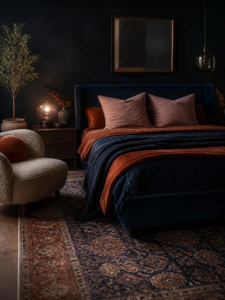 interior photography of a moody midnight blue bedroom layered with burnt orange and dusty pink accents in a dramatic modern rustic style.