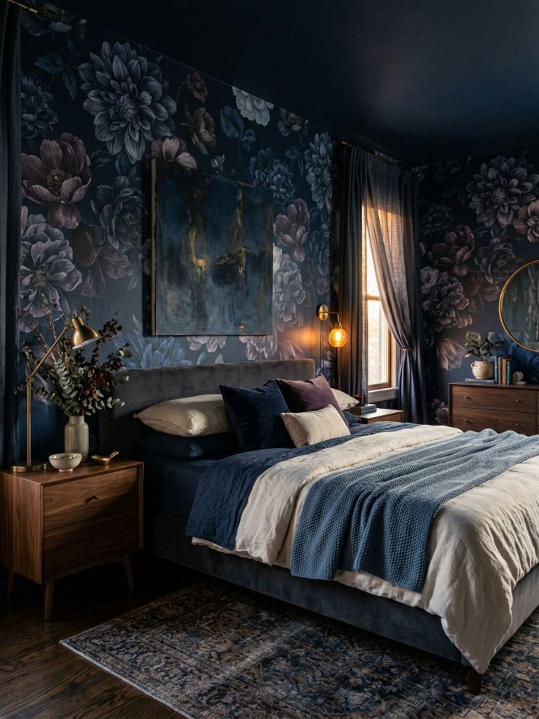 A moody blue floral bedroom designed with deep navy walls and oversized midnight botanical blooms for a cocoon-like atmosphere.