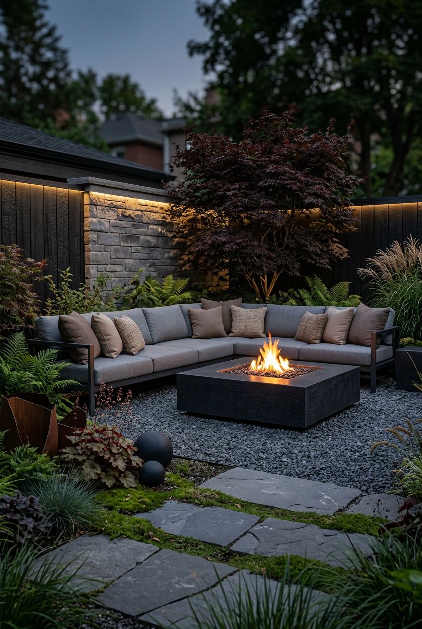 A moody modern courtyard with a square, dark concrete fire pit embedded in a gravel landscape and surrounded by an L-shaped gray sectional.