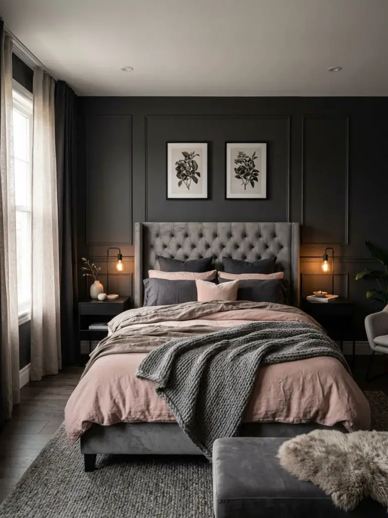 A moody modern pink and grey bedroom designed with dramatic charcoal walls, plush textiles, and warm ambient lighting.