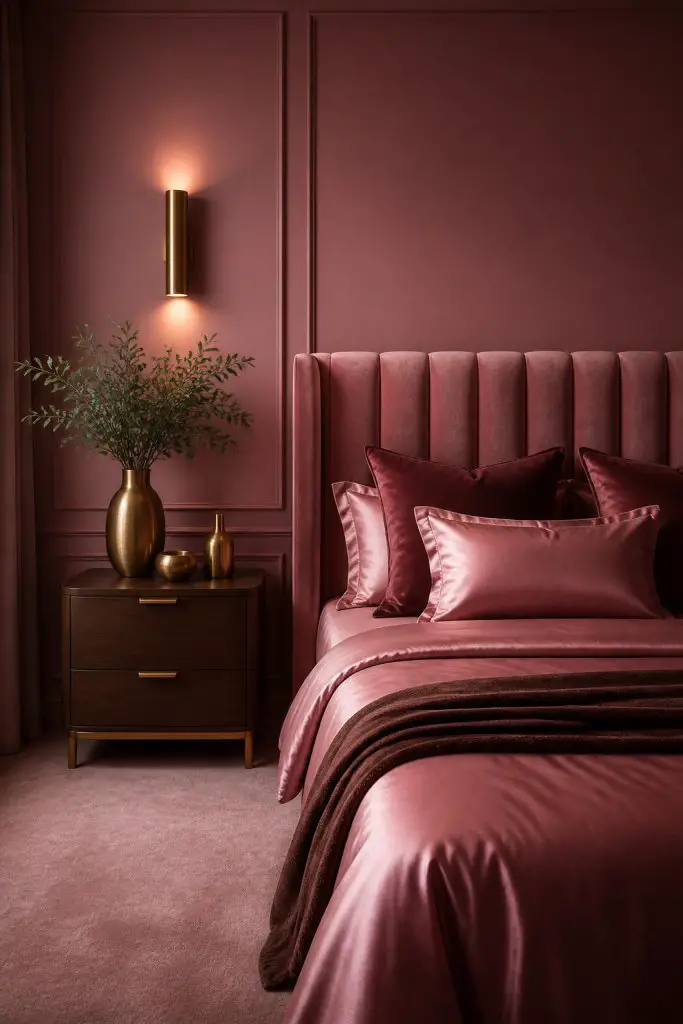 A striking bedroom showcasing rich, monochromatic sulking room pinks from the paneled walls to the plush, channel-tufted headboard and luxe.