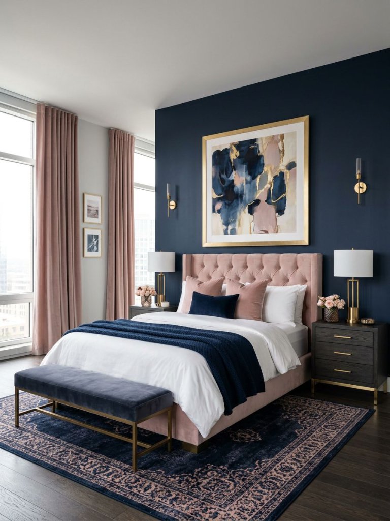 A luxurious navy blue and pink bedroom designed in Modern Glam style with bold contrast and sophisticated hotel-inspired styling.