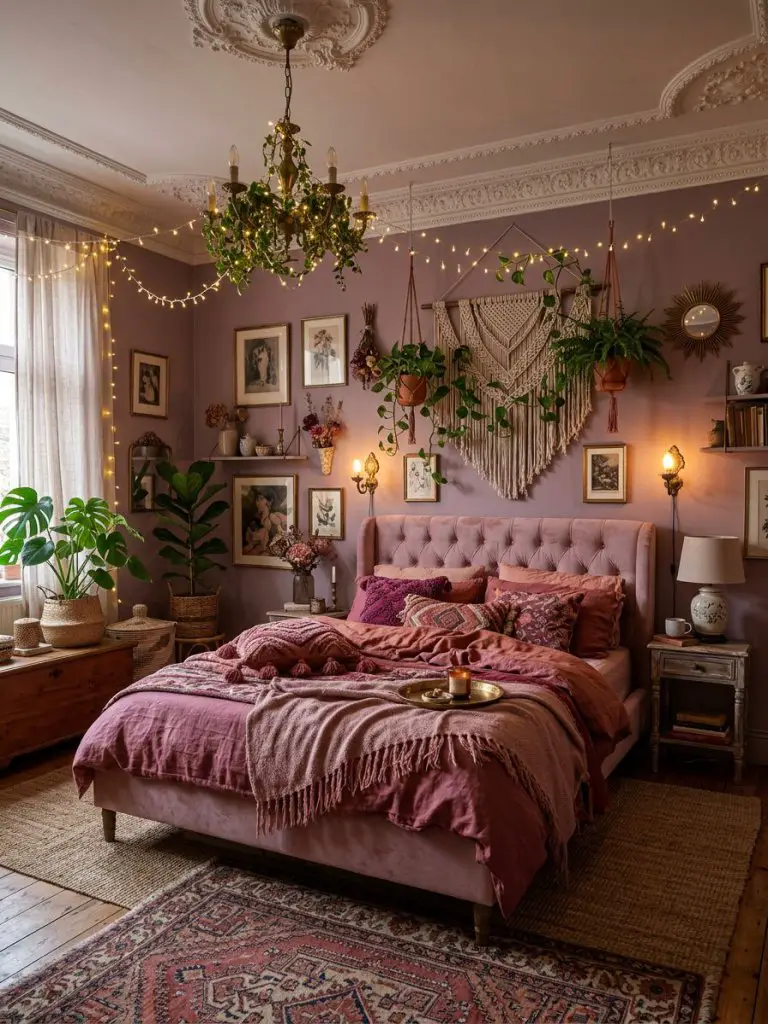 A moody pink boho bedroom infused with eclectic vintage charm featuring dusty mauve walls, ornate ceiling details, cascading greenery, and g.