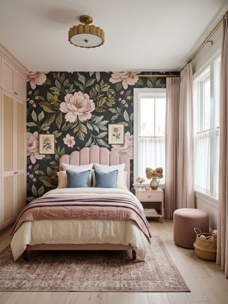 A sophisticated floral girls bedroom with a dramatic dark botanical wallpaper accent wall paired with blush pink furniture in a modern glam.
