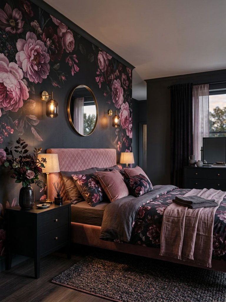 A sophisticated moody pink floral bedroom combining dark dramatic tones with vibrant floral overlays for a refined adult aesthetic.