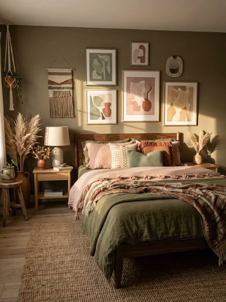A moody pink and green boho bedroom with earthy modern rustic styling and curated artistic decor.