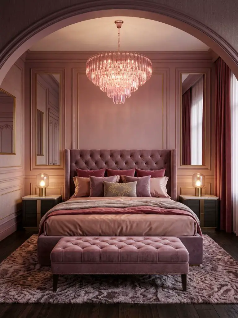 A moody pink royal bedroom with rich velvet glam styling featuring a deep mauve upholstered bed as the central focal point beneath a dramati.
