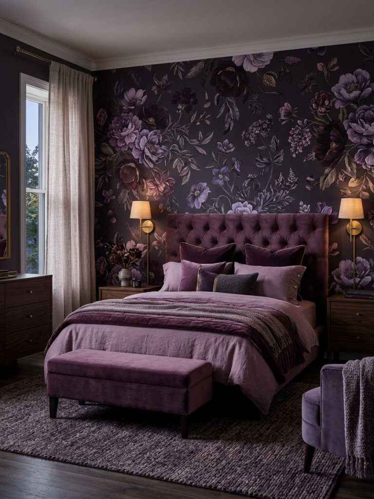 A moody purple and plum floral bedroom designed with rich regal tones and layered velvet textures in a luxurious contemporary romantic style.
