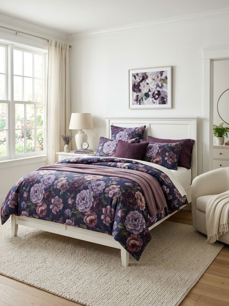 A sophisticated feminine bedroom featuring moody floral bedding in deep plum, lavender, and muted berry tones layered across a classic white.