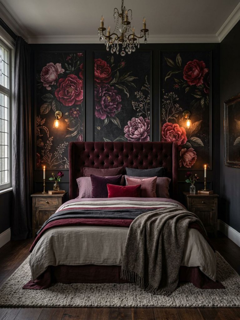 A moody romantic floral bedroom designed in a Warm Minimalist and Romantic Gothic aesthetic featuring oversized crimson roses and deep plum.