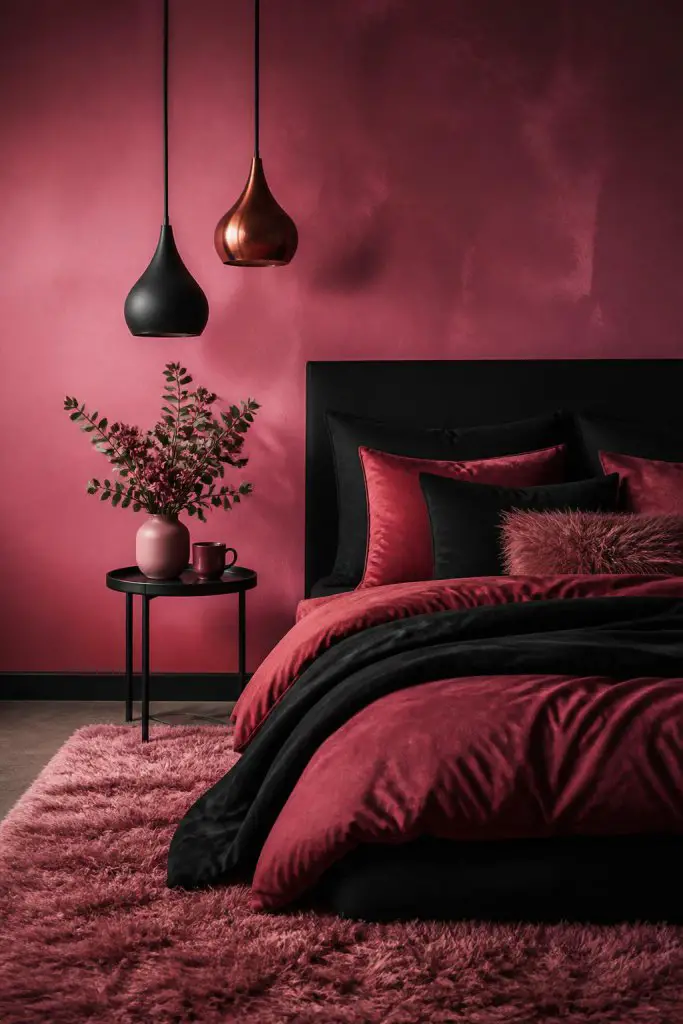 A dramatic rose pink bedroom, featuring a textured, matte painted wall in rich pink shades as the backdrop.